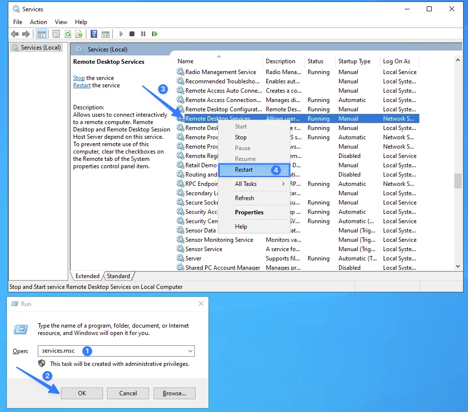Hướng dẫn đổi Port remote desktop Windows (Port 3389) và kết nối sau khi đổi cổng nhanh chóng 23 Khởi động lại dịch vụ Remote Desktop