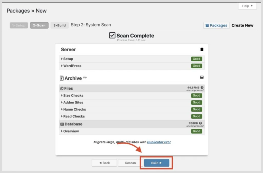 Clone WordPress website bằng Duplicator 30 Chọn Build để nén