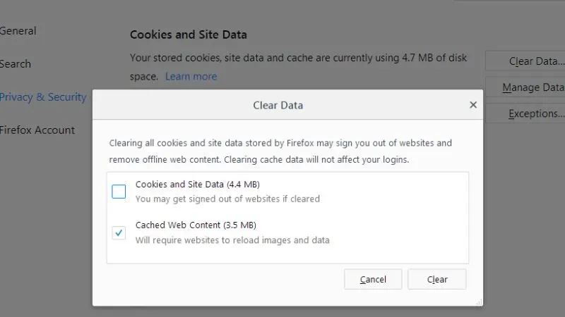 Xóa cache và các cookies liên quan