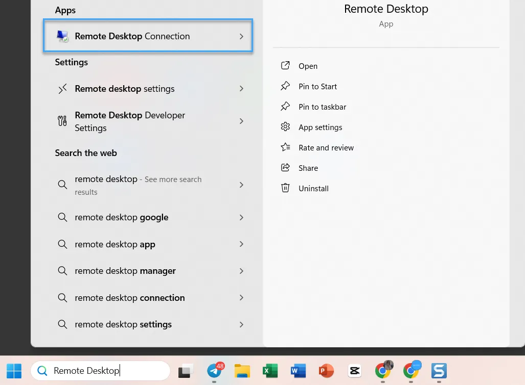 Mở Remote Desktop Connection