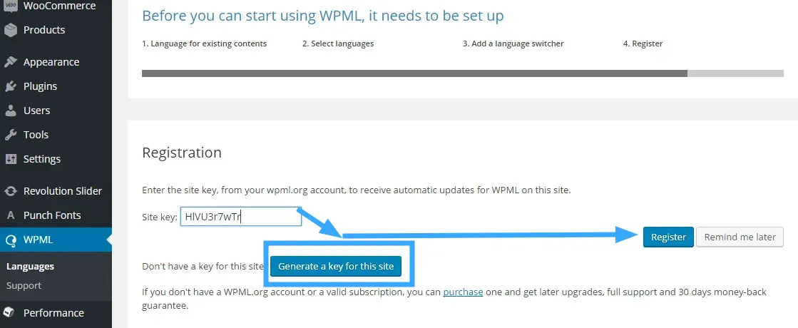 WPML là gì? Cách tạo một Website đa ngôn ngữ với WPML 41 Tạo sitekey cho WPML