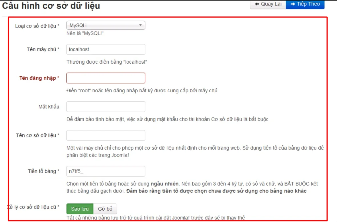 Joomla là gì? Hướng dẫn sử dụng Joomla cho người mới 64 Nhập các thông tin cấu hình cơ sở dữ liệu