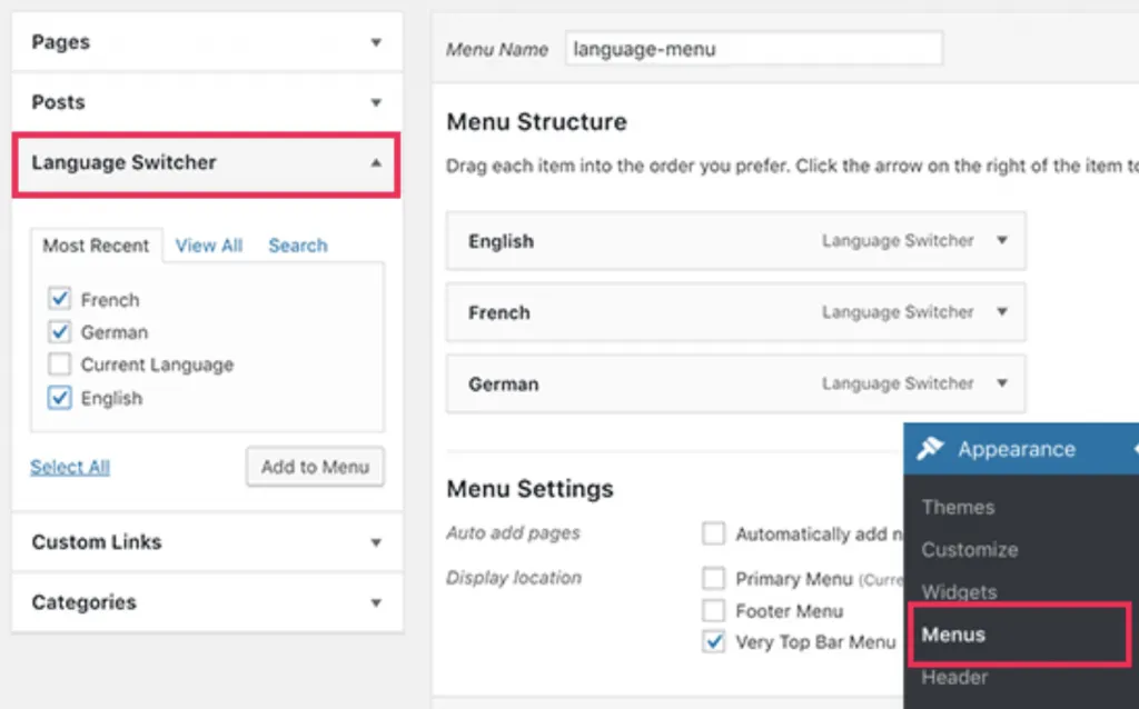 Thêm language switcher vào menu điều hướng WordPress 