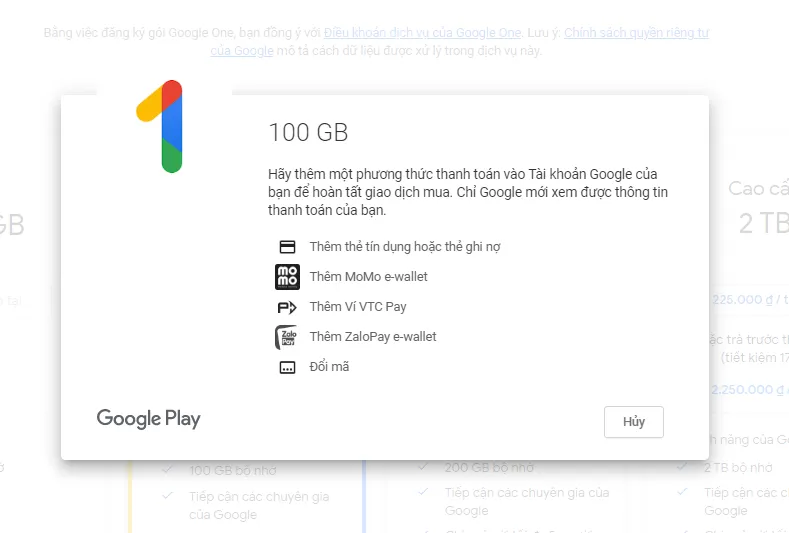 da dang thanh toan tren google one