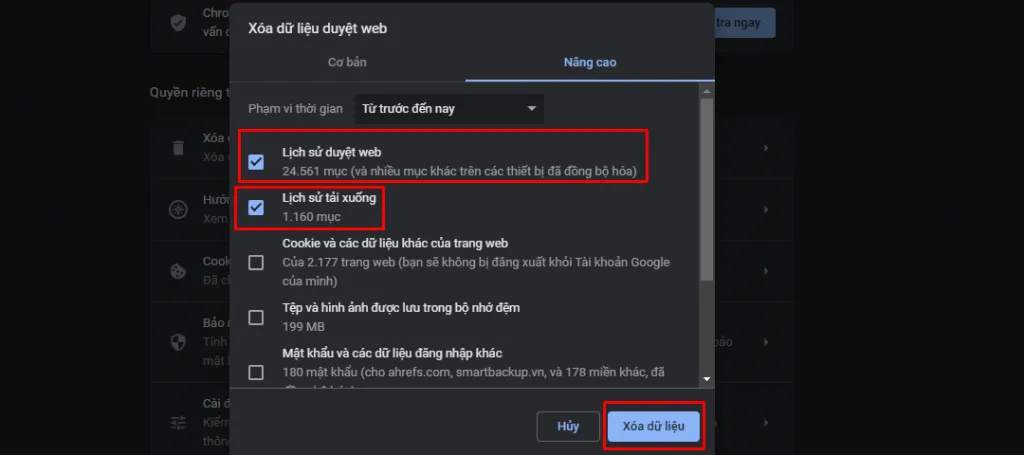 Xóa bộ nhớ trình duyệt trên Chrome