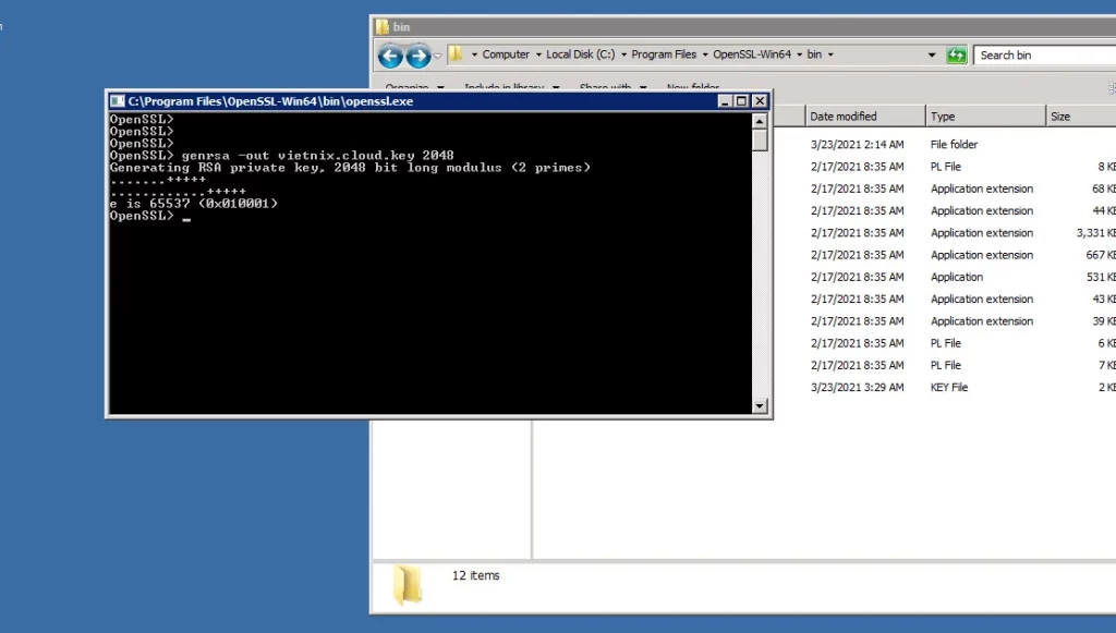 Chạy file openssl.exe tiến hành tạo file key