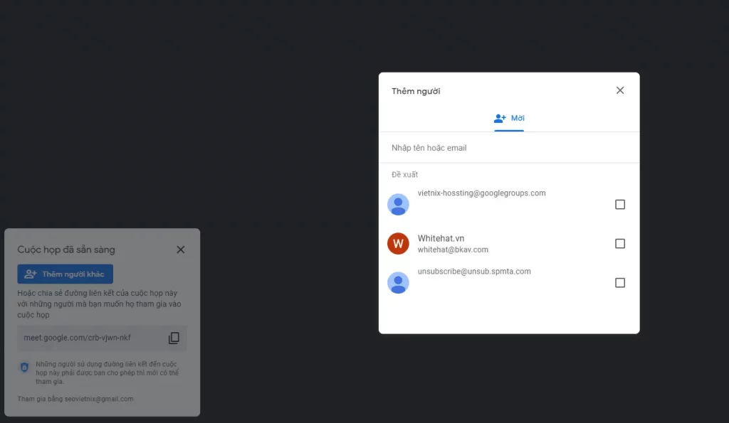 Nhập hoặc chọn gmail để mời người tham gia trực tiếp