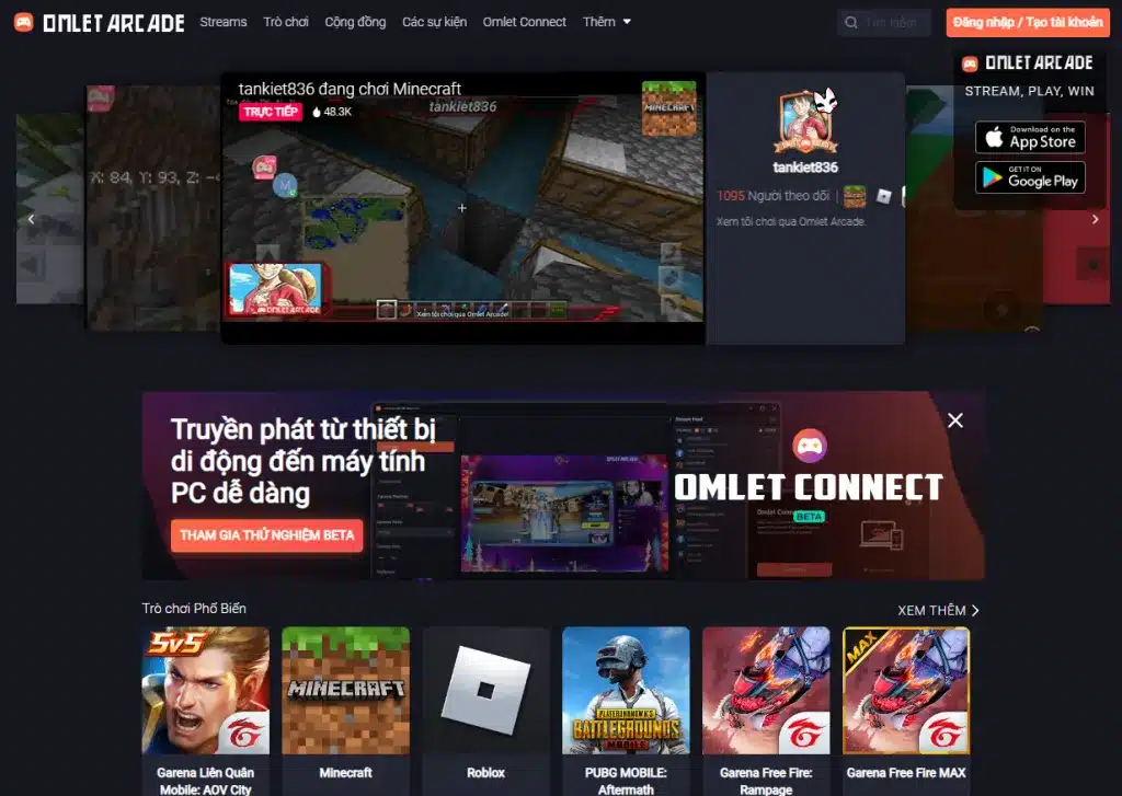 Ứng dụng live stream trực tuyến Omlet Arcade