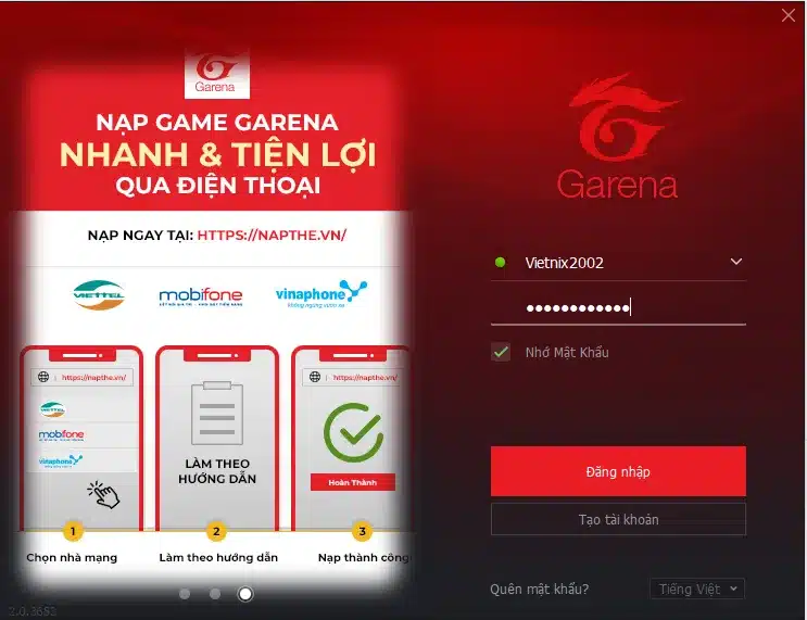 Bạn đăng nhập vào tài khoản Garena