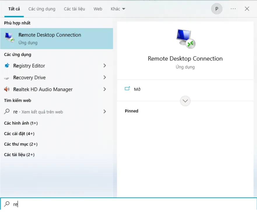 Nhập dòng chữ Remote Desktop Connection