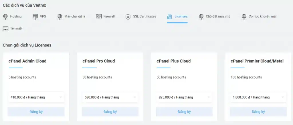 Đăng ký dịch vụ license cPanel tại Vietnix