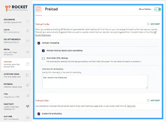 Preload Cache giúp WP Rocket hỗ trợ kiểm tra sitemap