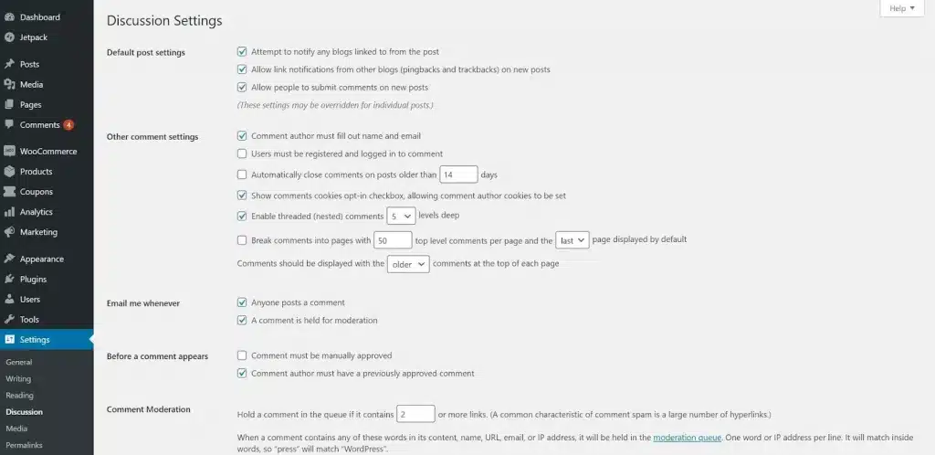 Truy cập vào mục Setting > Discussion chặn IP độc hại trong WordPress