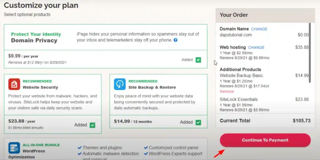 Cách mua hosting iPage chỉ 36$/năm miễn phí tên miền 16 Chọn Continue to Payment