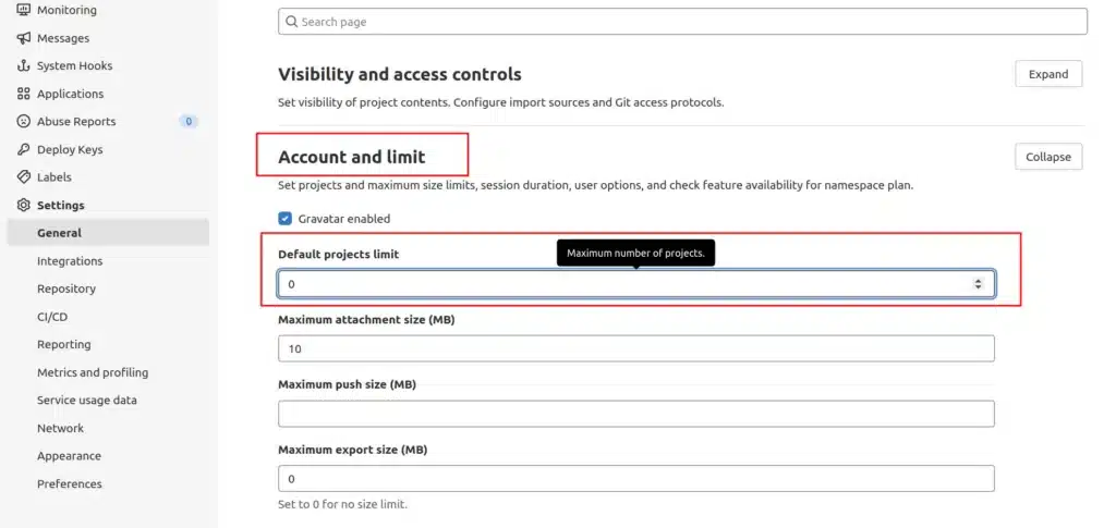 Thay đổi Default projects limit thành 0 để vô hiệu hóa user mới có thể tạo project