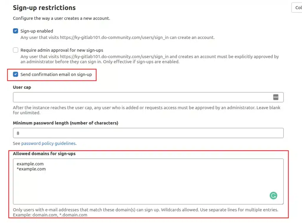 Thêm tên miền vào mục Allowed domains for sign-ups