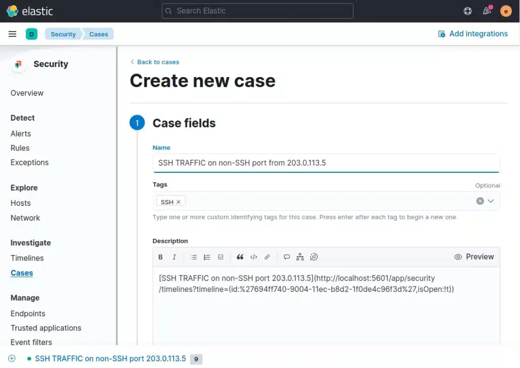 Hướng dẫn cách tạo Rules cùng Timelines bằng ứng dụng SIEM của Kibana 22 Tạo case