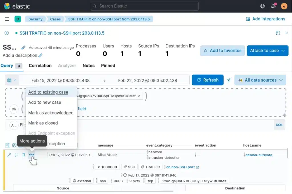 Hướng dẫn cách tạo Rules cùng Timelines bằng ứng dụng SIEM của Kibana 23 Thêm cảnh báo vào case