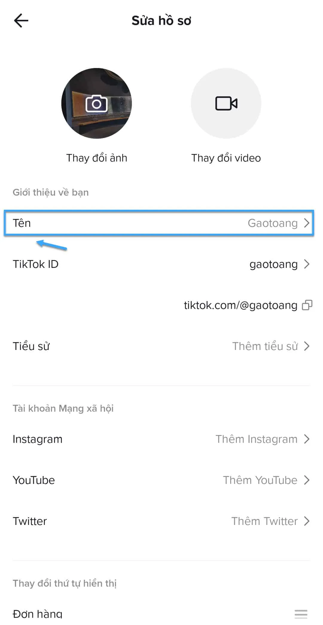Cách đổi tên trên TikTok, đổi ID TikTok trên PC, điện thoại 16 Nhấn vào mục Tên (Name)