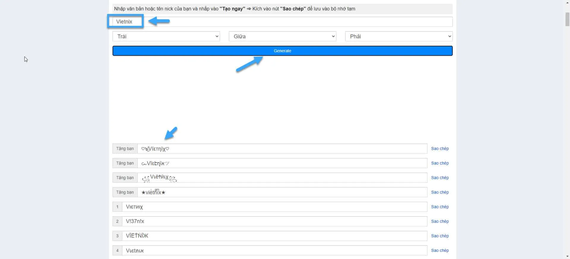 Nhập tên muốn đổi thành kí tự đặc biệt, sau đó nhấn tạo ngay