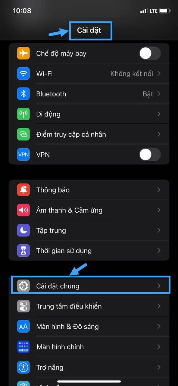 Vào Cài đặt chung trong Cài đặt