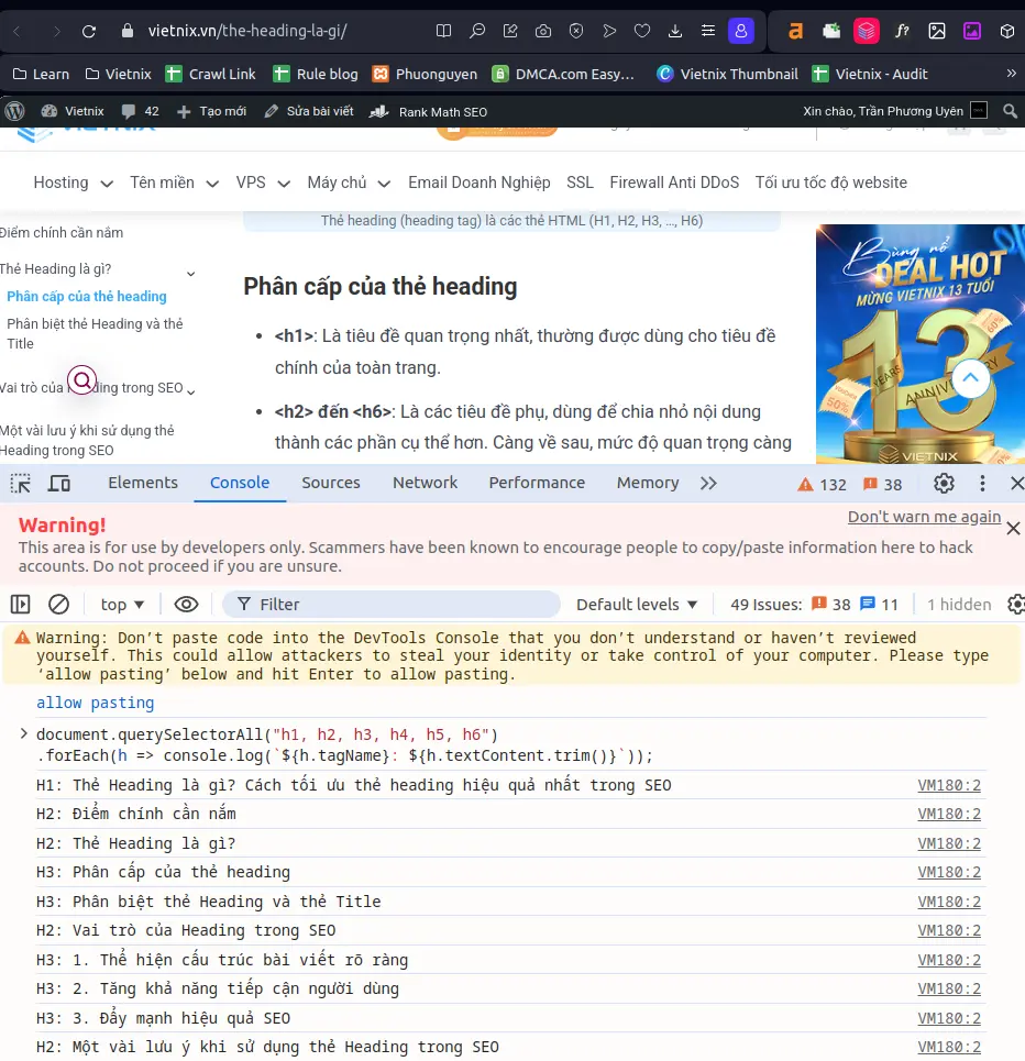 Thẻ Heading là gì? Cách tối ưu thẻ heading hiệu quả nhất trong SEO 45 Dùng lệnh trong DevTools Console (nâng cao)