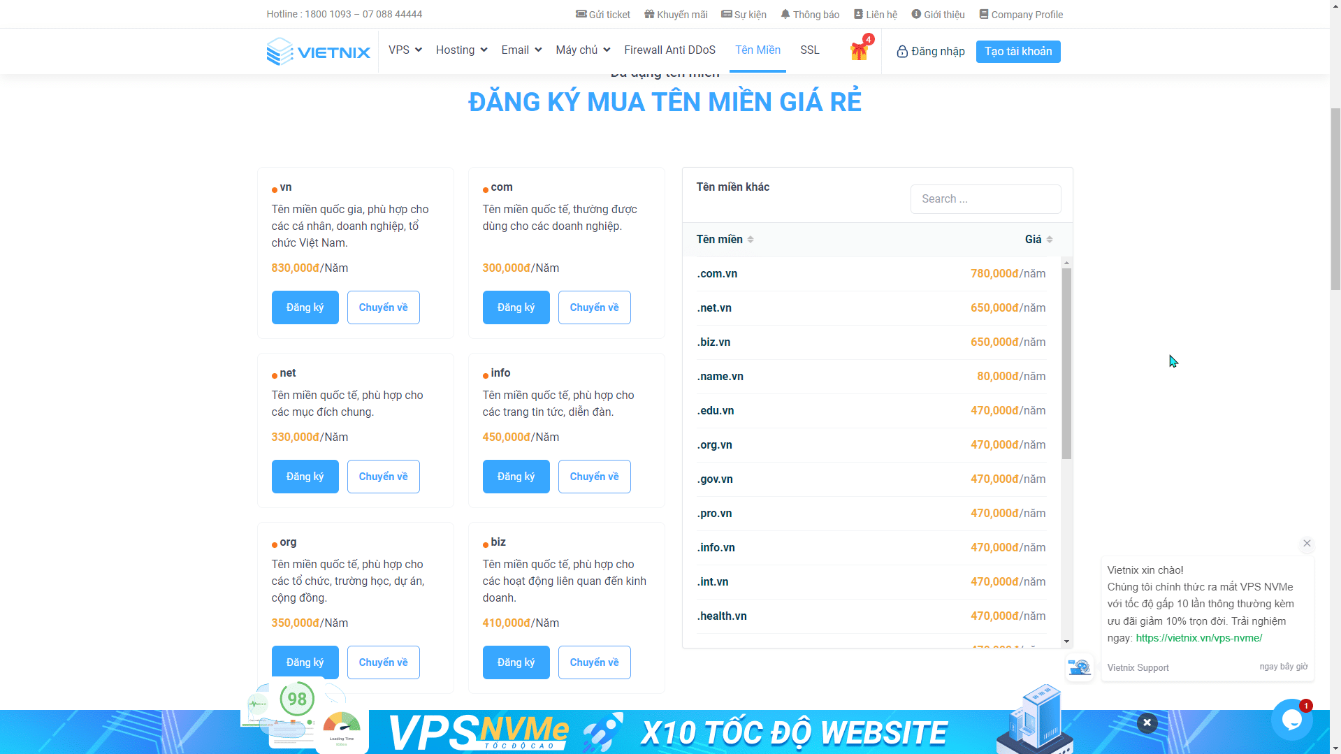 Đăng ký mua tên miền tại Vietnix