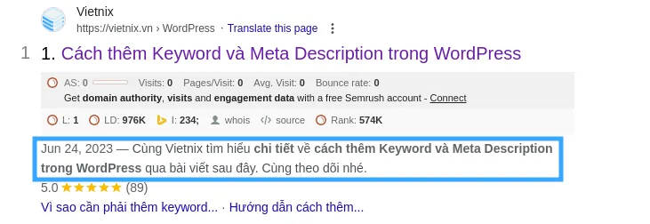 Cách keyword, meta description hiển thị trên kết quả tìm kiếm Google