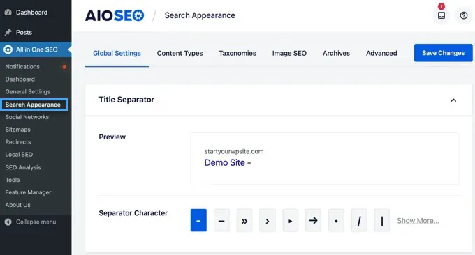 Hiển thị tìm kiếm AIOSEO - Bấm vào ô Search Appearence