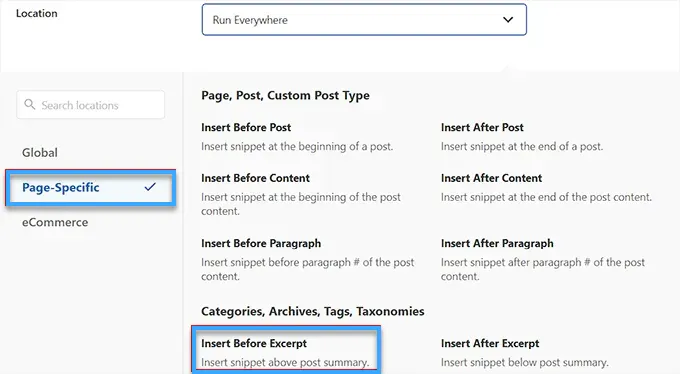 Mở menu dropdown "Location" > "Page-Specific" > "Insert Before Excerpt"