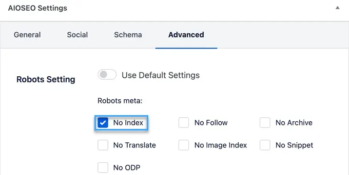 Nhấp vào ô chọn No Index tại Advanced