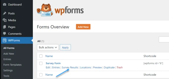 Truy cập trang WPForms chọn All Forms và nhấp vào Survey Results