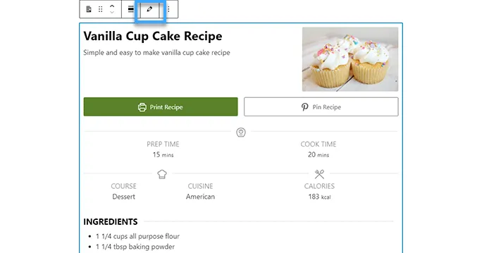 Cách tạo food blog bằng WordPress đơn giản 60 Nhấp vào Edit button trên toolbar để chỉnh sửa recipe