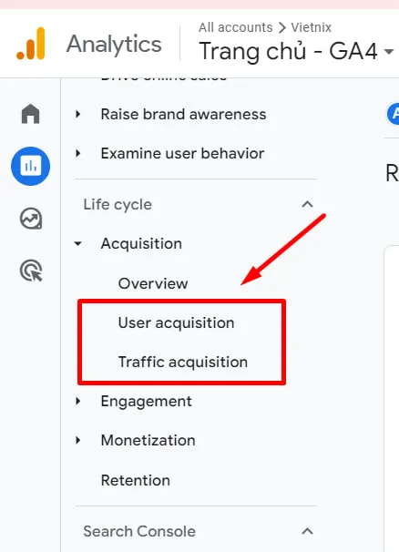 Báo cáo User acquisition và Traffic acquisition trong GA4