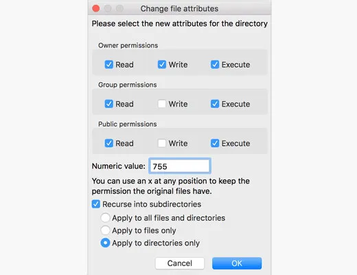 Cách sửa lỗi upload failed to write file to disk trong WordPress 4 Mở mục phân quyền file trong ứng dụng FTP phía client