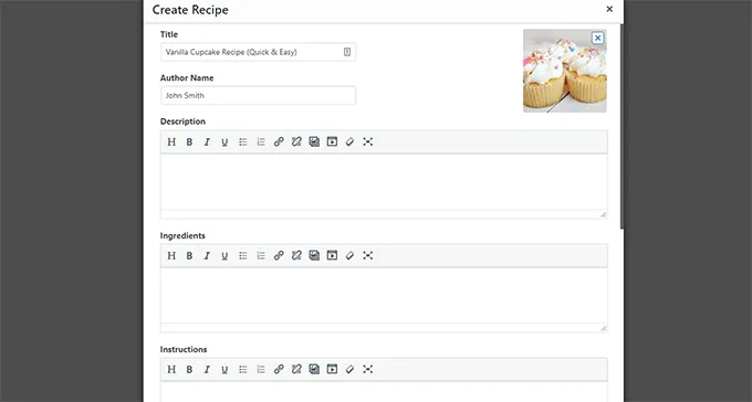 Cách tạo food blog bằng WordPress đơn giản 49 Thêm block sẽ mở một cửa sổ pop up cho bạn viết recipe