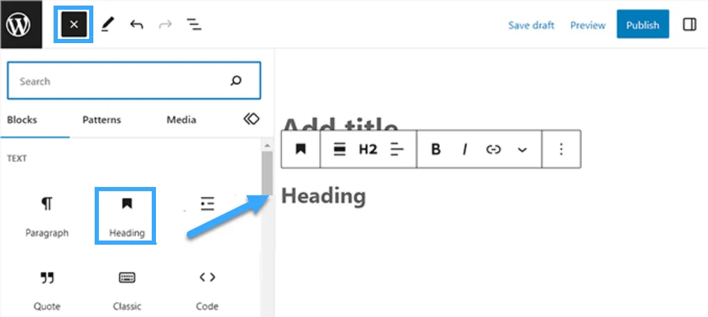 Thêm block Heading trong WordPress