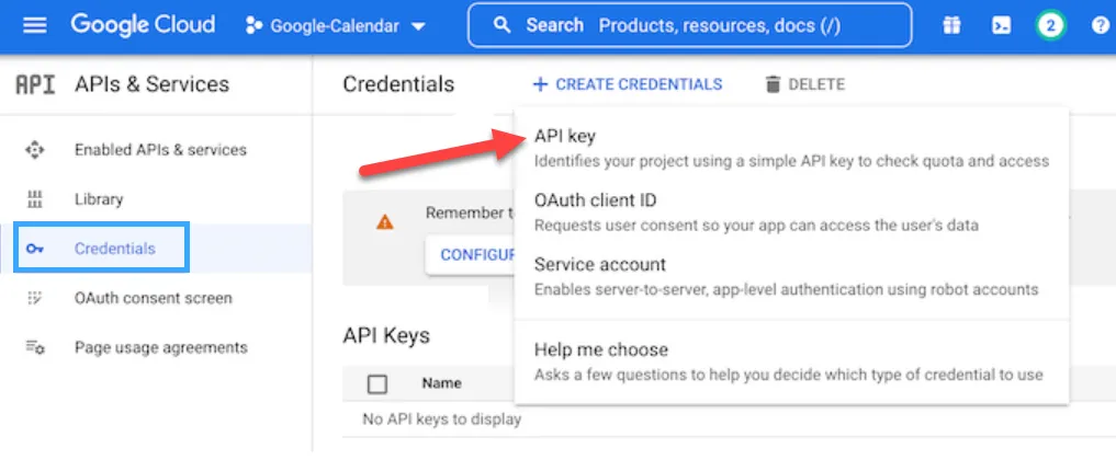 Cách thêm Google Calendar vào WordPress 43 tạo Credentials trong Google Cloud Console