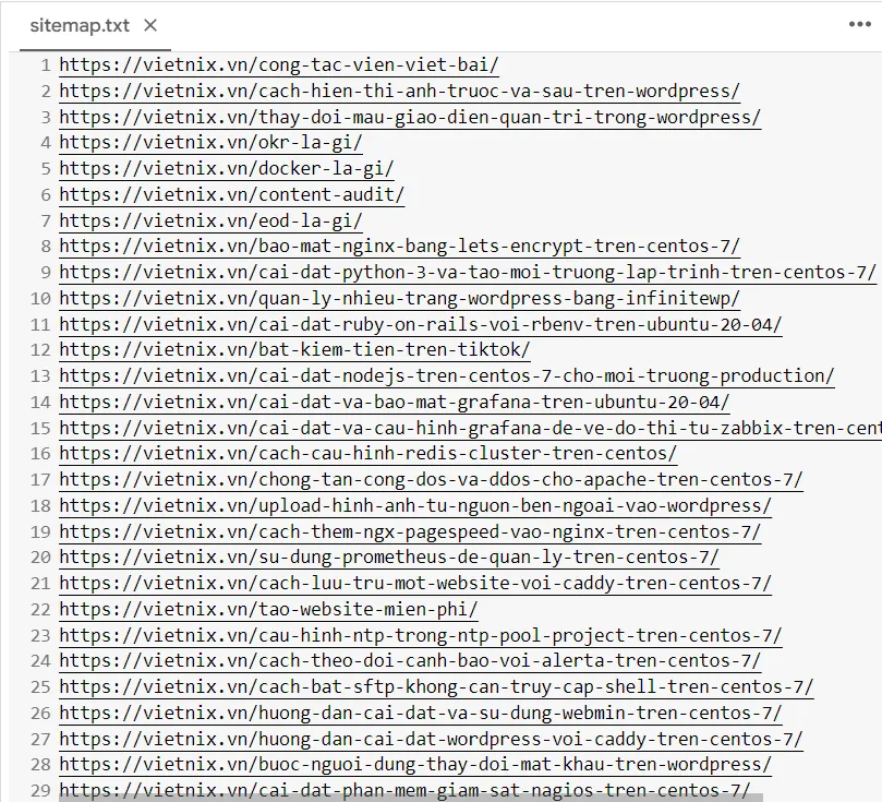 File sitemap.txt sau khi mở