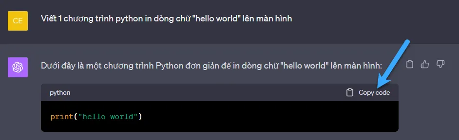 Yêu cầu GPT in chữ 'Hello world" lên màn hình bằng python