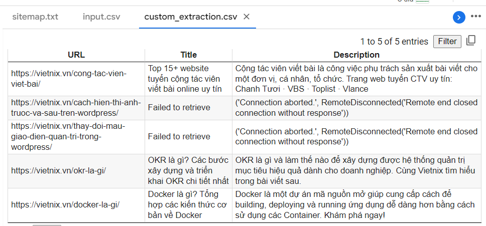 Danh sách title và description sau khi chương trình được chạy