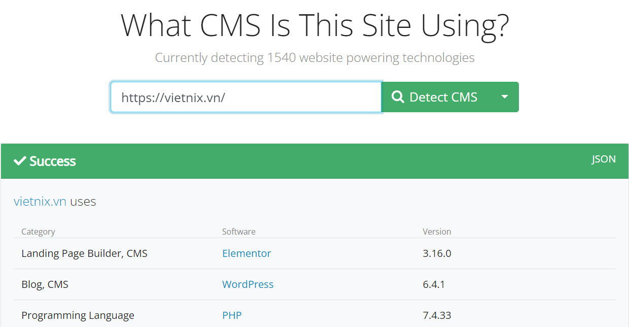 Kiểm tra ngôn ngữ lập trình website bằng What CMS