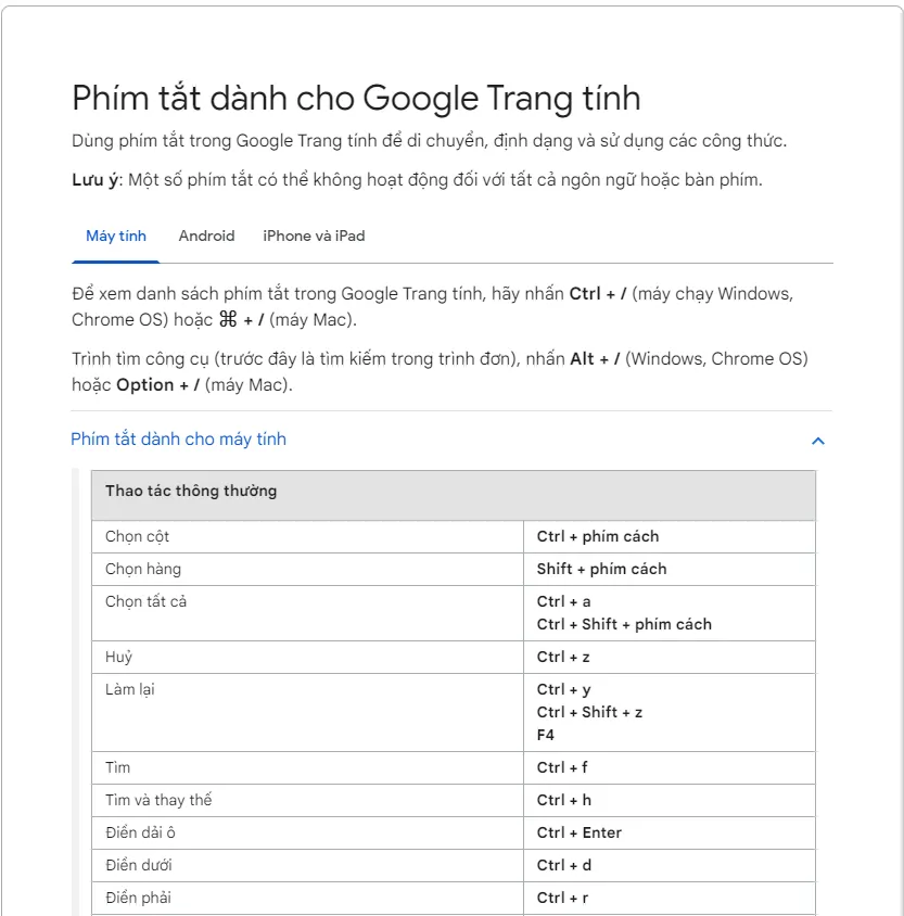 Tổng hợp phím tắt ứng dụng trong Google Sheet