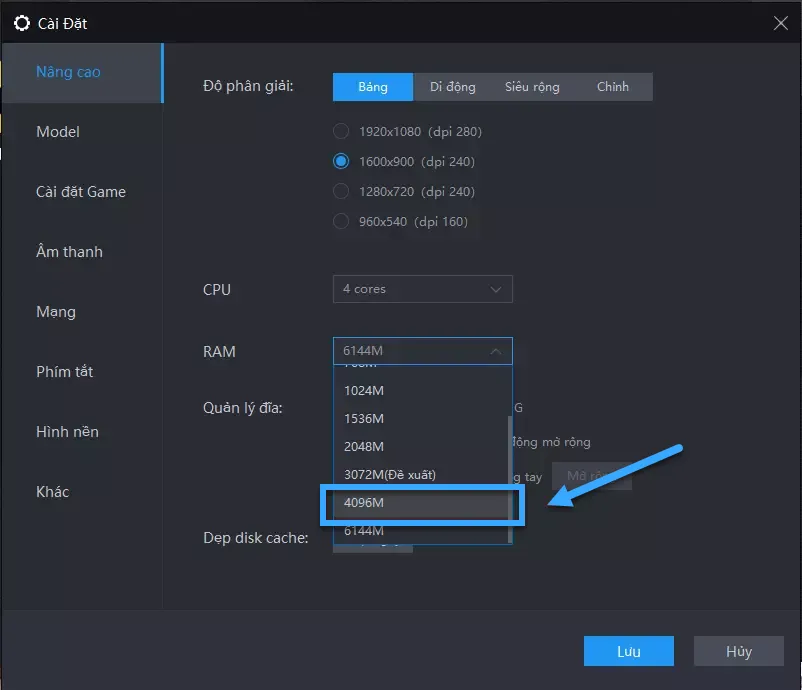 Chọn RAM cao hơn 4096M