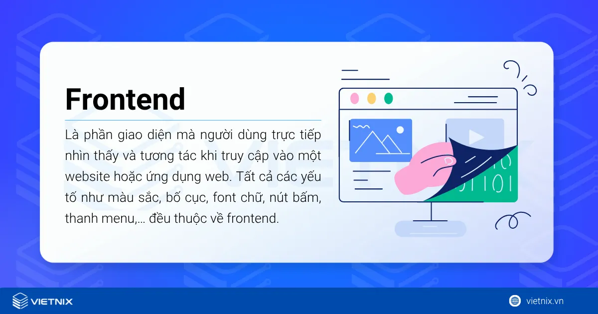 Tất tần tật về BackEnd là gì? FrontEnd là gì? Sự khác nhau giữa BE và FE 21 Frontend (hay Front-end) là phần giao diện mà người dùng trực tiếp nhìn thấy và tương tác