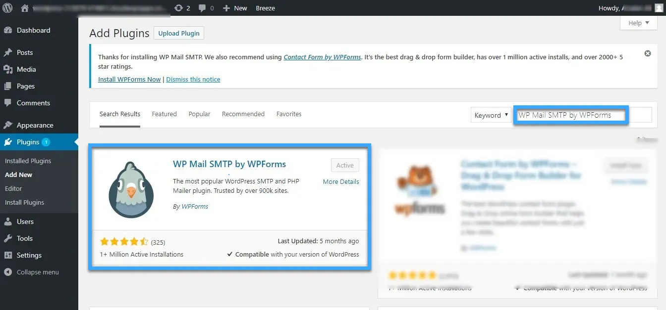 Tìm plugin WP Mail SMTP by WPForms rồi chọn Install Now