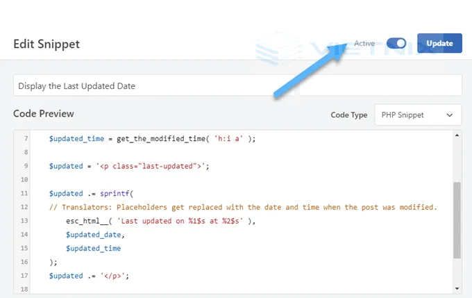 Làm thế nào để hiển thị ngày cập nhật cuối cùng của bài đăng trên WordPress 10 WPCode trang chỉnh sửa snippet và kích hoạt mã