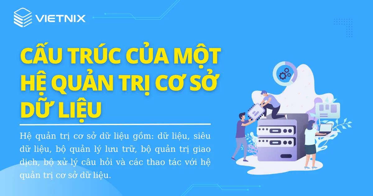 Cấu trúc của một hệ quản trị cơ sở dữ liệu gồm: dữ liệu, siêu dữ liệu, bộ quản lý lưu trữ, bộ quản trị giao dịch, bộ xử lý câu hỏi và các thao tác với hệ quản trị cơ sở dữ liệu.