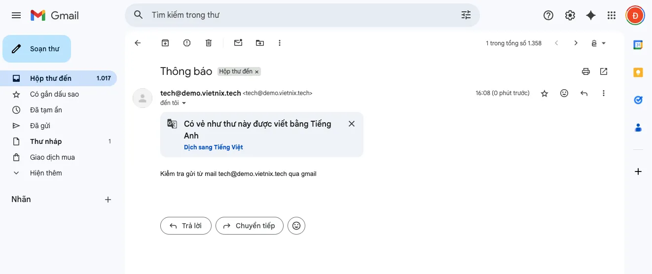 Cách đăng nhập mail công ty và Email Hosting vào Gmail và Outlook đơn giản 64 Kiểm tra hộp thư của gmail đã test