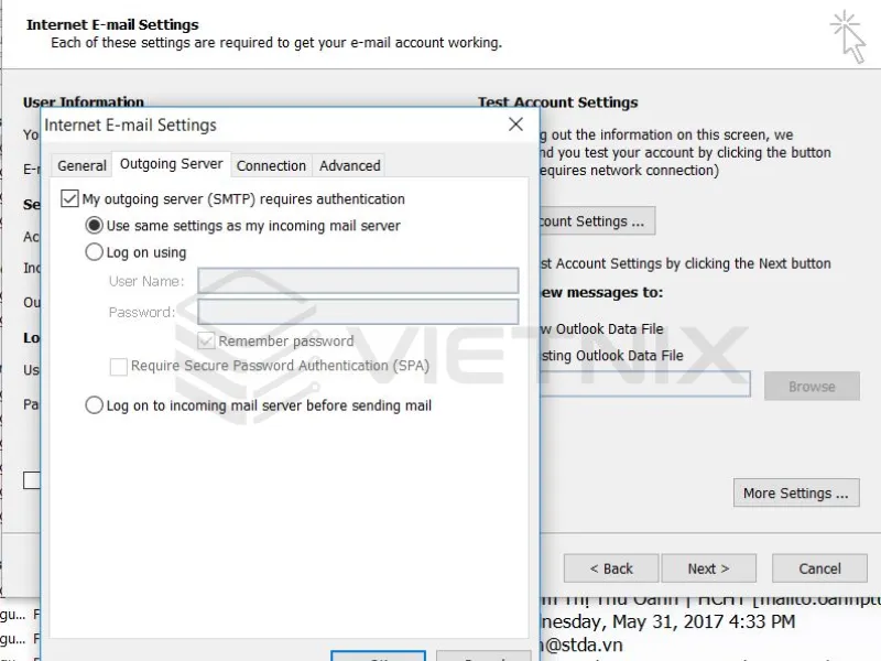 Cách đăng nhập mail công ty và Email Hosting vào Gmail và Outlook đơn giản 72 Chọn My outgoing server (SMTP) requires authentication